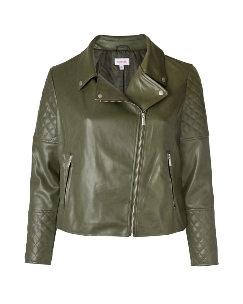 Front of a size 1X Eleanora Quilted Moto Jacket in Olive Green by Molly & Isadora. | dia_product_style_image_id:296105